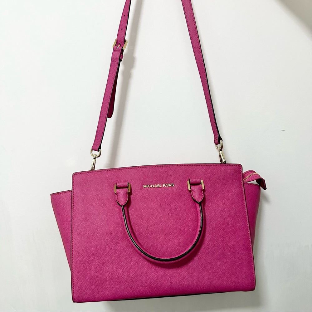 Michael Kors Selma Saffiano Leather Magenta Hot Pink Crossbody Satchel Bag